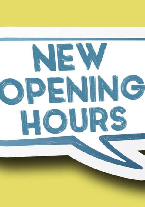 NEW OPENING HOURS on speech bubble against bright yellow background